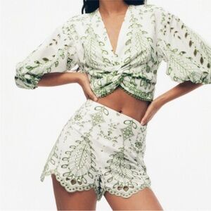 Zara Green and White Embroidered Two-Piece Set